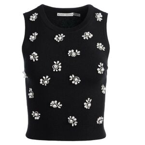 Alice+Olivia 100% Merino Wool Black Sleeveless Crop Top w/Pearls